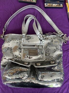 Coach Silver Sequin Tote with Chain Charm and Dual Handles